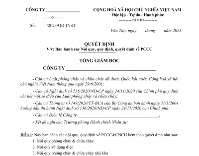 Quyết định ban hành về nội quy PCCC (Tham khảo)